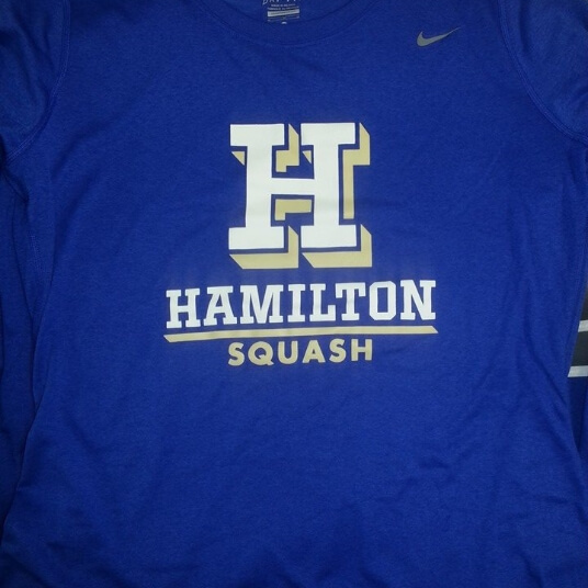 Blue Hamilton University squash t shirt